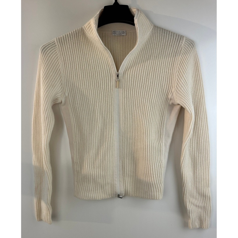 Brunello Cucinelli Cashmere Ribbed Full Zip Cardigan Cream Small Quiet Luxury - Picture 2 of 16